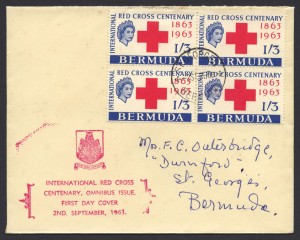 1963 Red Cross Centenary 1/3 block of 4 FDC