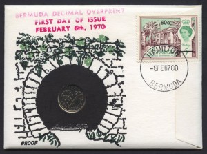 1970 Buildings Decimal Overprint 60c with 10c coin proof FDC