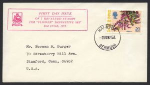 1975 Revalued Bermuda Flowers definitives 20c Hamilton FDC