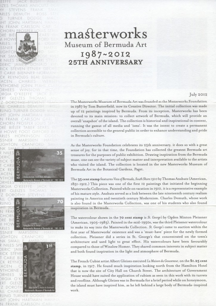 2012 Masterworks Museum of Bermuda Art 1987-2012 insert FDC