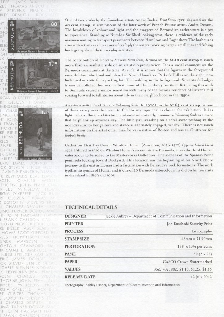 2012 Masterworks Museum of Bermuda Art 1987-2012 insert rev FDC