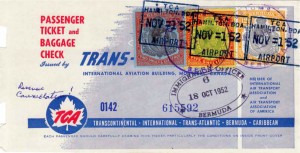 1952 TCA Airline Ticket showing £1 value fiscally used stamps