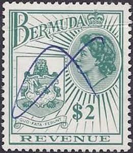 1970 Bermuda QEII Coat of Arms $2 Revenue Stamp